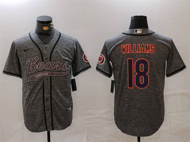 Men's Chicago Bears #18 Caleb Williams Grey With Patch Cool Base Stitched Baseball Jersey Men's Chicago Bears #18 Caleb Williams Grey With Patch Cool Base Stitched Baseball Jersey